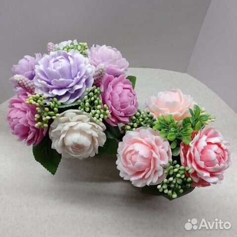 Букет цветы пионы, розы из мыла