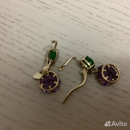 Серьги, желтое золото 585, аметисты, хризопразы