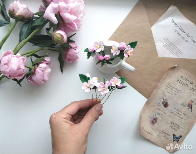 Яблоневый цвет,шпильки для волос,цветы в волосы,6ш