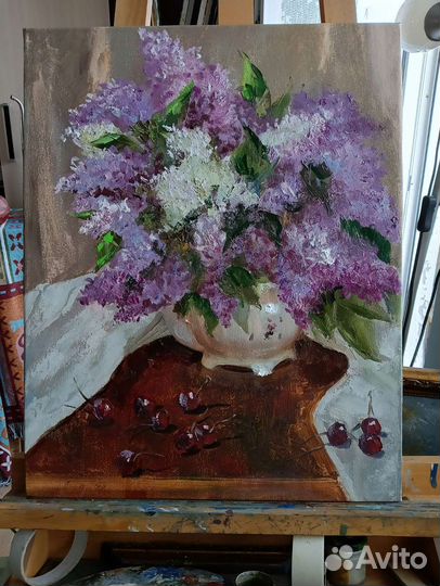 Картина маслом на холсте, букет сирени и черешня