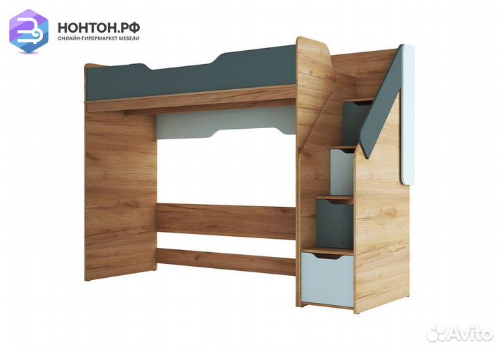 Кровать-чердак Rich дуб крафт золотой / мята / сум