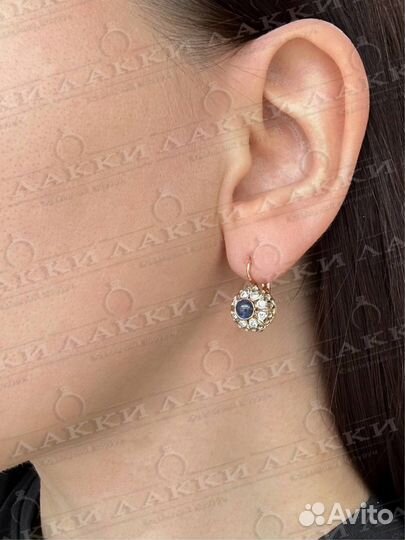 Золотые серьги с бриллиантами, сапфир 585 / 5.21 г