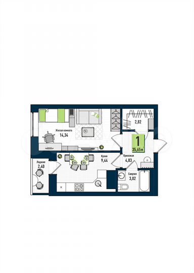 1-к. квартира, 35,7 м², 14/17 эт.