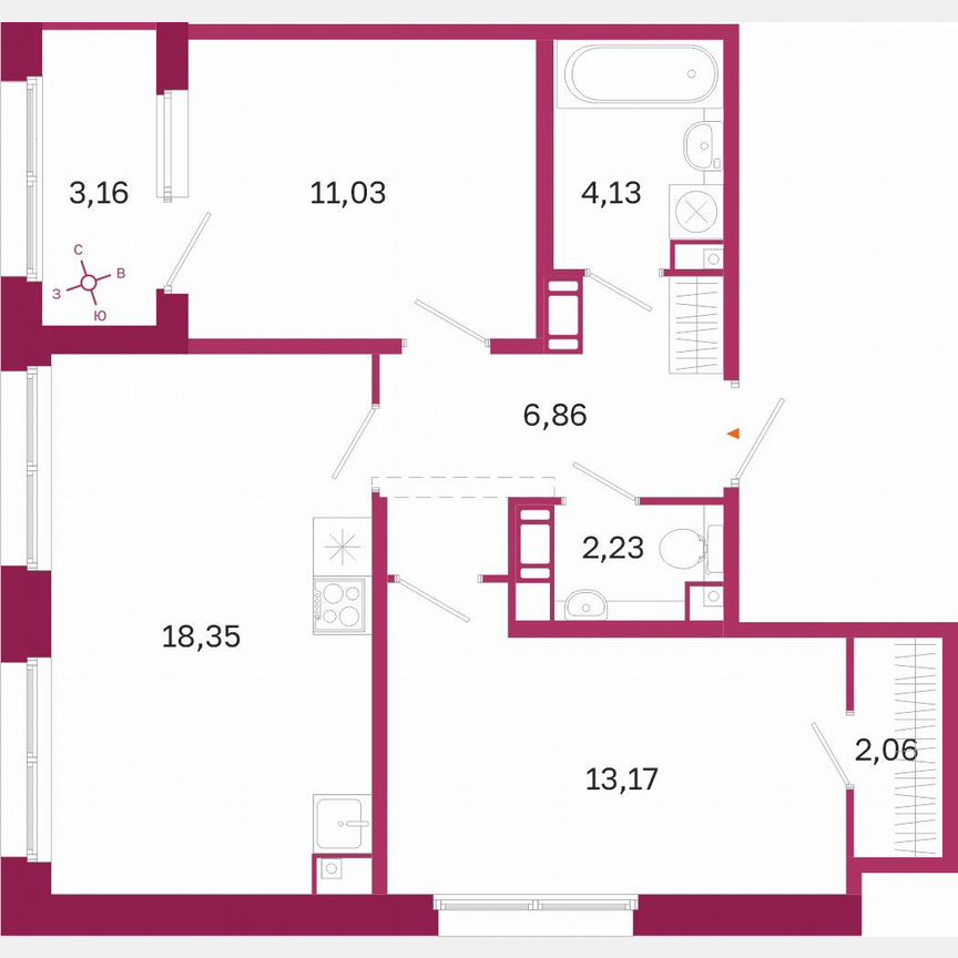 2-к. квартира, 59,4 м², 10/10 эт.