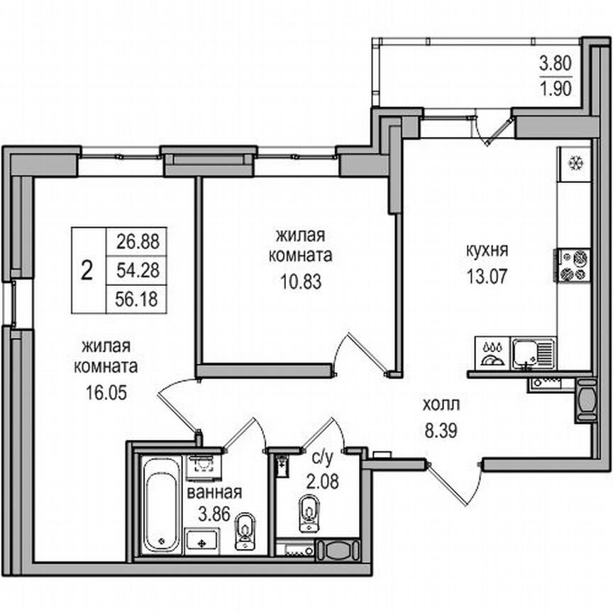 2-к. квартира, 55,9 м², 12/27 эт.