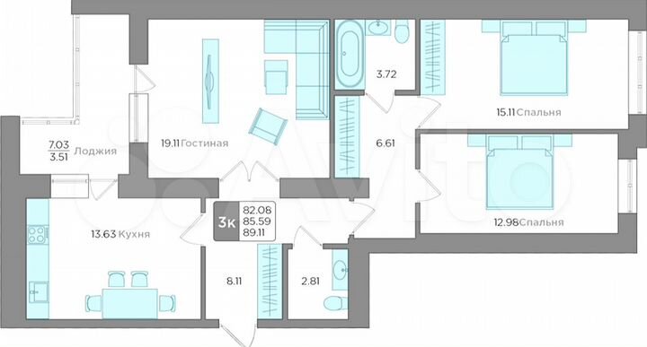3-к. квартира, 90 м², 2/9 эт.