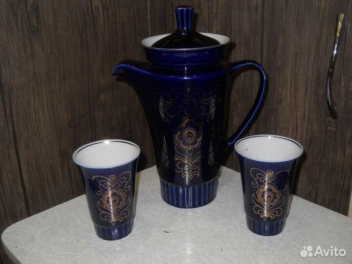 Кувшин и стаканы кобальтовые с позолотой