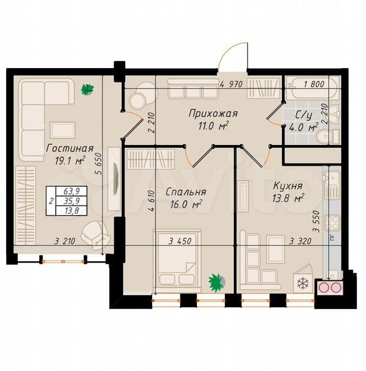 2-к. квартира, 63,9 м², 6/10 эт.