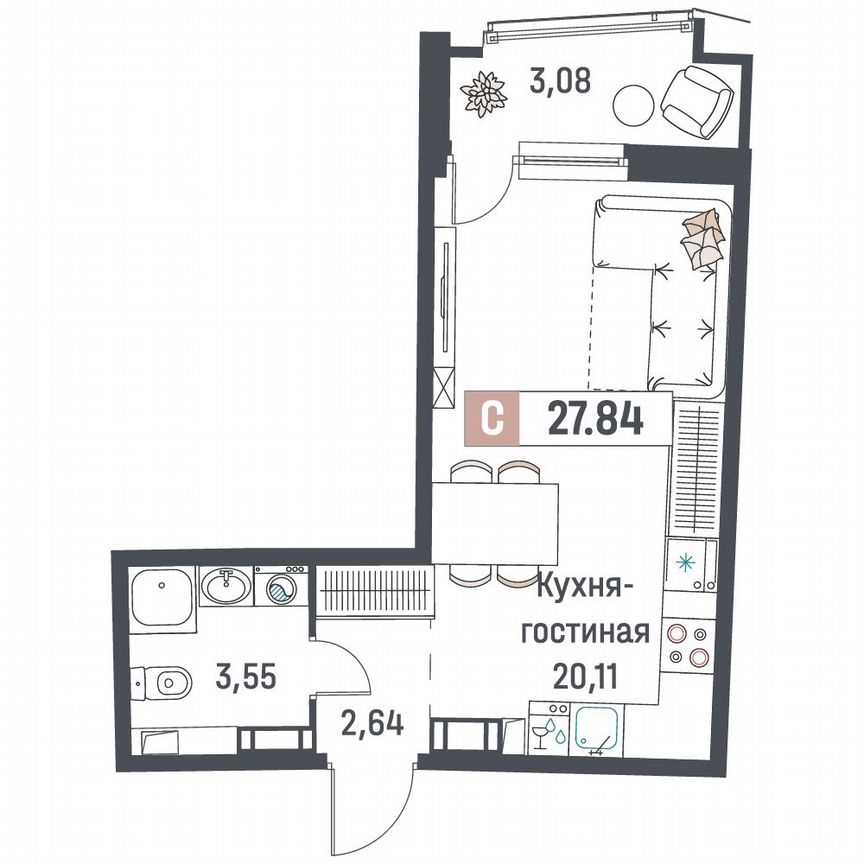Квартира-студия, 27,8 м², 16/18 эт.