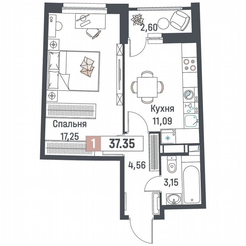1-к. квартира, 37,4 м², 4/18 эт.