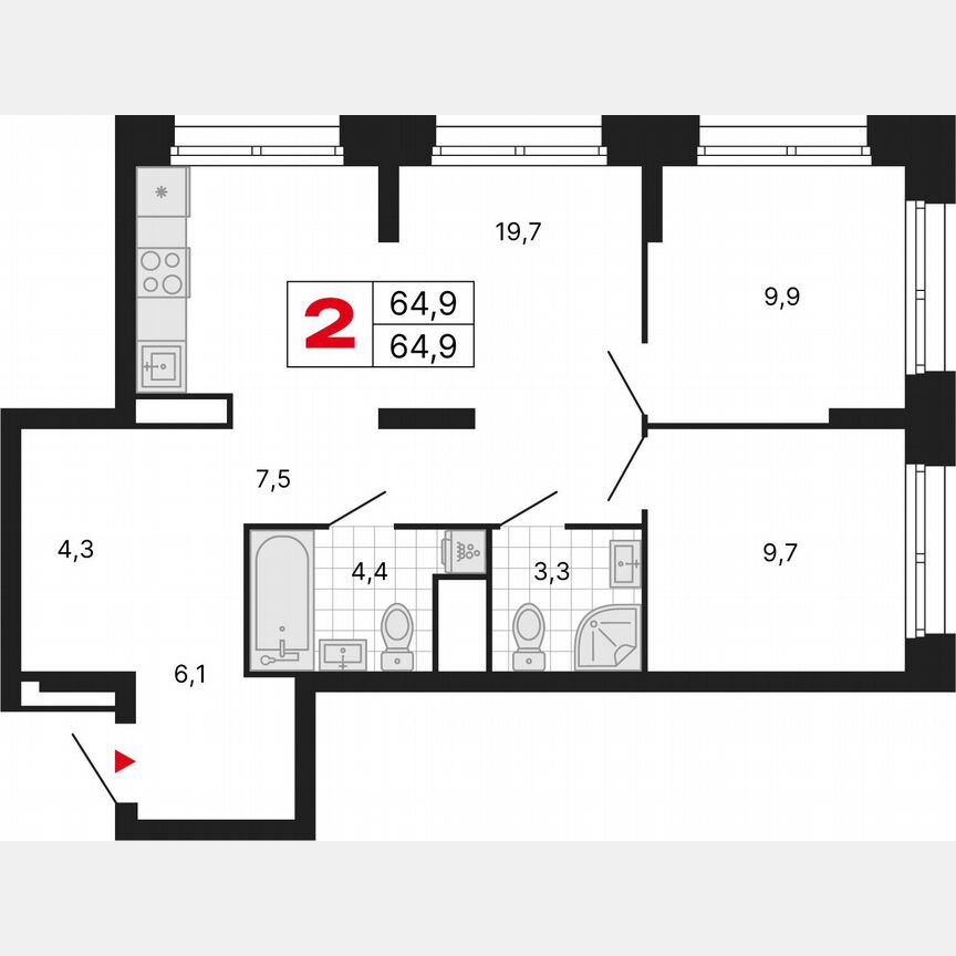 2-к. квартира, 64,9 м², 12/29 эт.