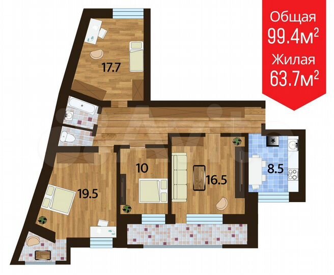 4-к. квартира, 91,4 м², 4/9 эт.