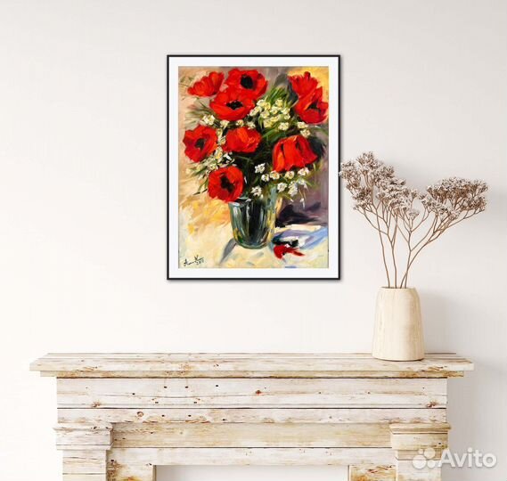 Картина маслом яркие красные цветы маки на холсте