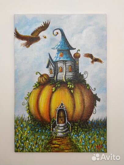 Магнит картина миниатюра на холсте Тыква-домик
