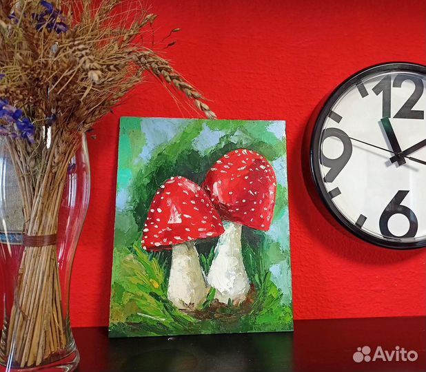 Картина маслом Мухоморы 20*25 см