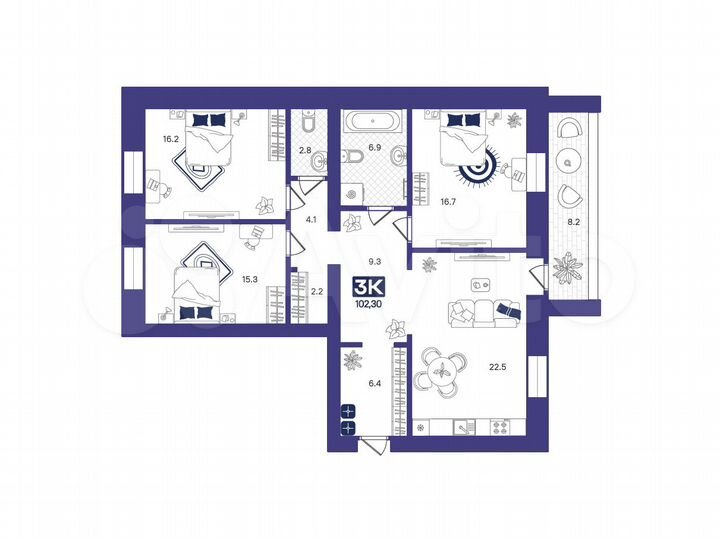 3-к. квартира, 102,3 м², 7/14 эт.