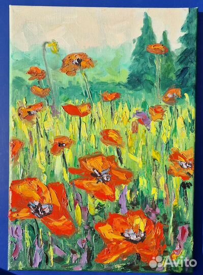 Картина маслом на холсте пейзаж цветы мастихином