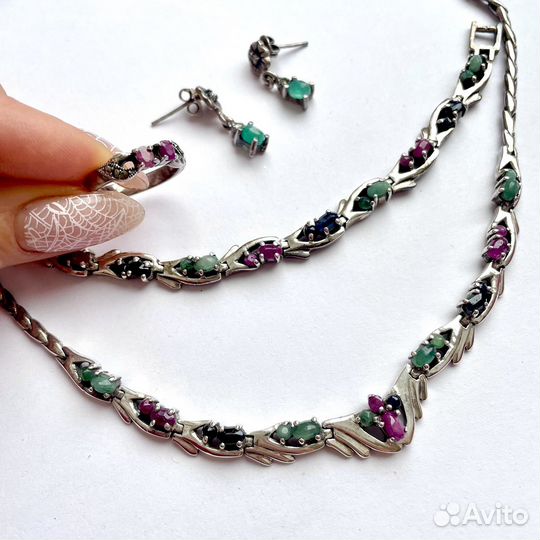 Комплект серебро серьги, кольцо, колье, браслет