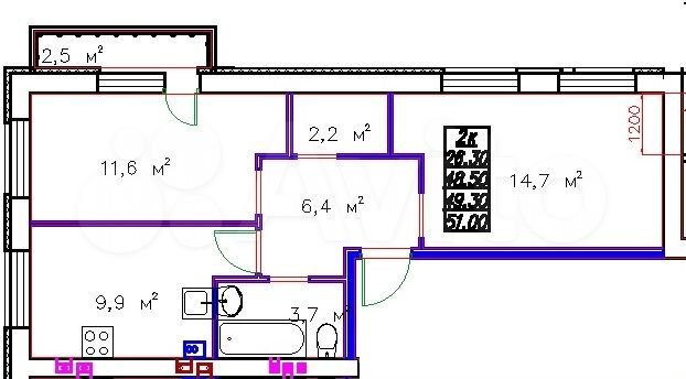 2-к. квартира, 51 м², 3/3 эт.