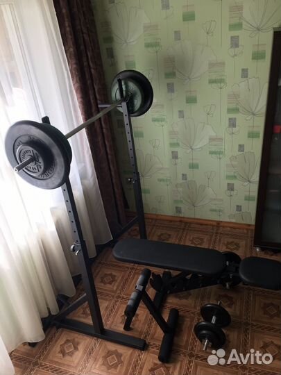 Стойка для штанги, штанга 95кг, гантели, скамья