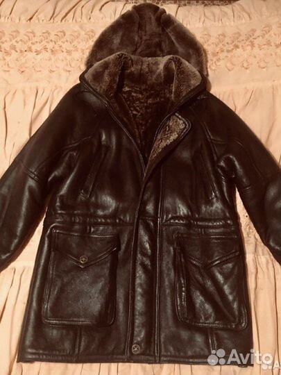 Меховая зимняя мужская куртка дубленка с капюшоном