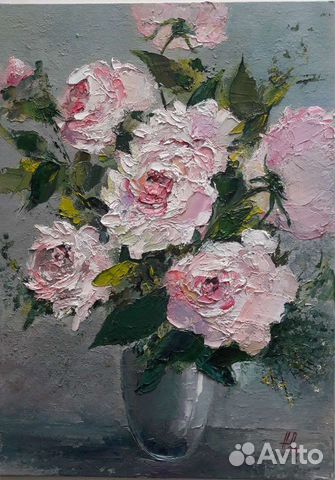 Картина маслом цветы. Розы. Холст 25х35 см. Лак