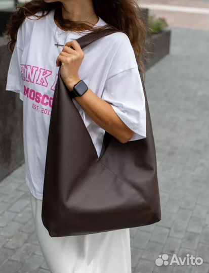 Сумка шоппер через плечо кожаная каричневая