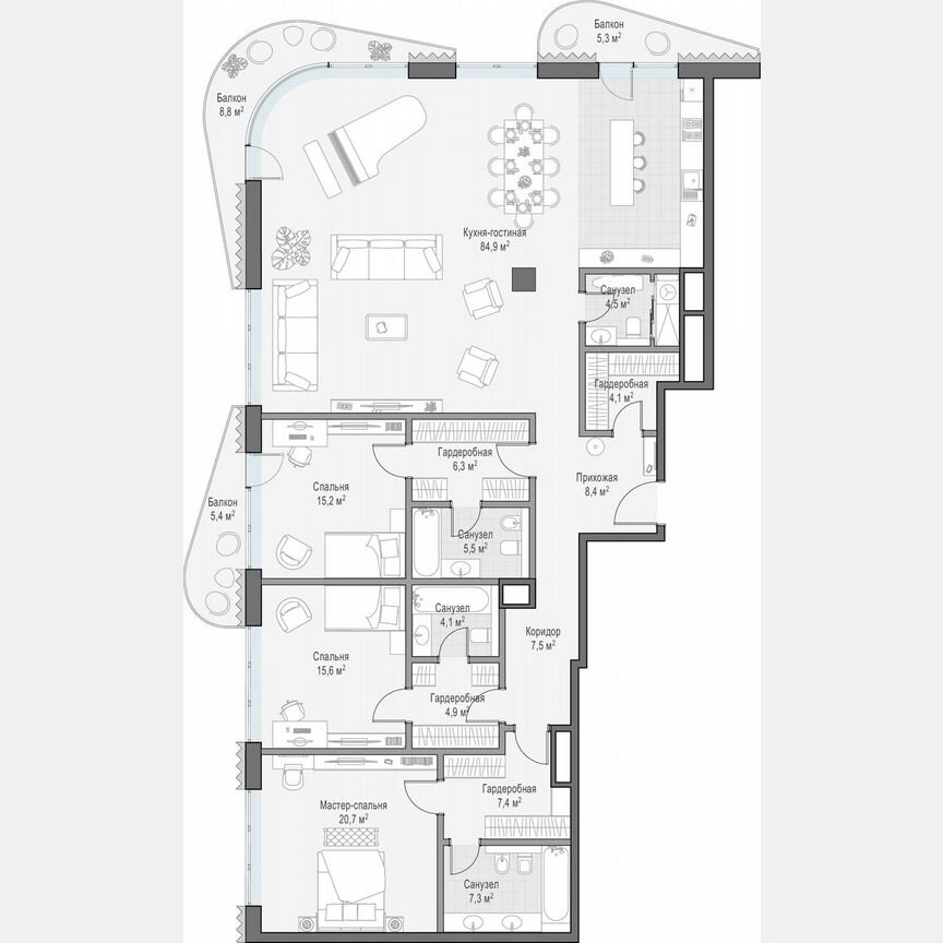 3-к. квартира, 214,4 м², 8/14 эт.