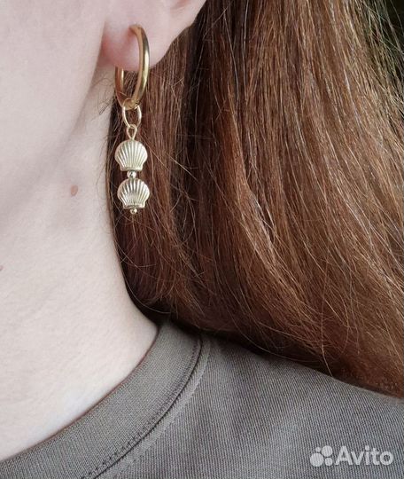 Серьги конго с ракушками из гематита