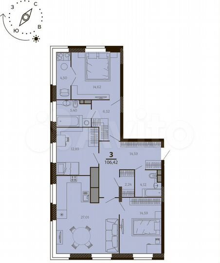 3-к. квартира, 106,4 м², 3/7 эт.