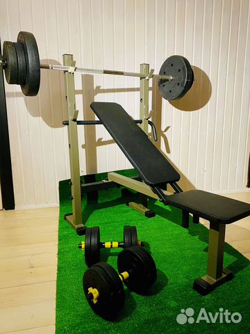 Скамья + стойки + штанга + гантели 100 кг