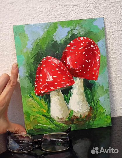 Картина маслом Мухоморы 20*25 см