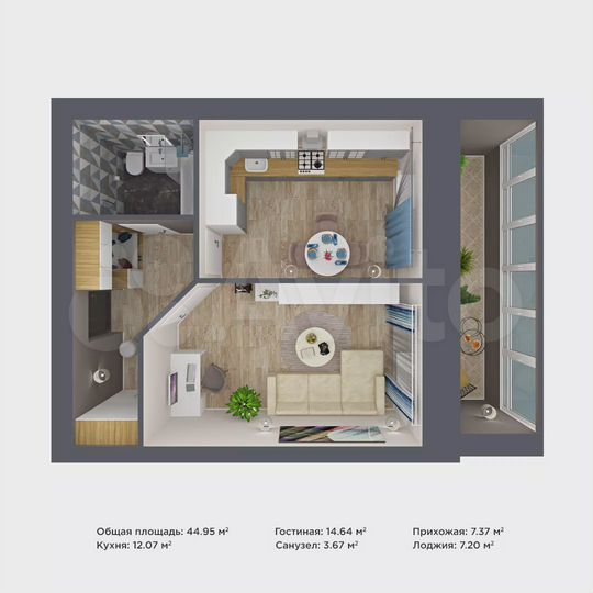 1-к. квартира, 45 м², 5/9 эт.