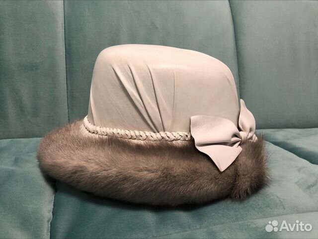 Шляпа зимняя из натуральной белой кожи и норки