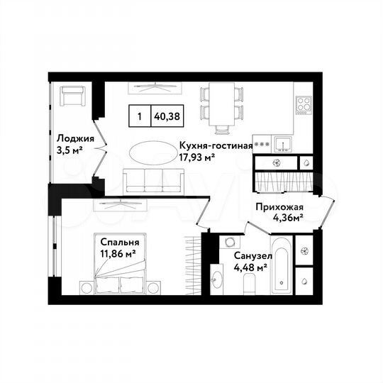 1-к. квартира, 40,4 м², 16/25 эт.