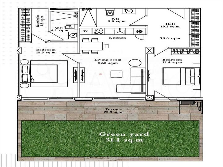 2-к. квартира, 44,6 м² (Грузия)