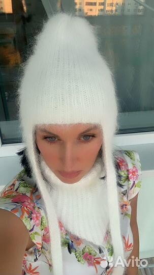 Чепчик и снуд из ангоры, пушистая мягкая