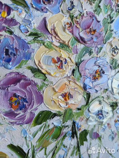 Картина маслом цветы белые фиолетовые на холсте