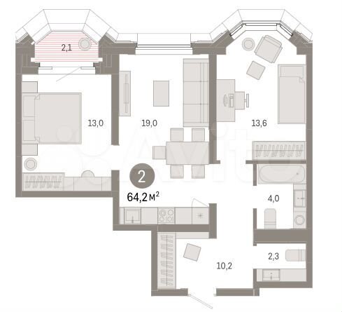 2-к. квартира, 64,2 м², 5/16 эт.