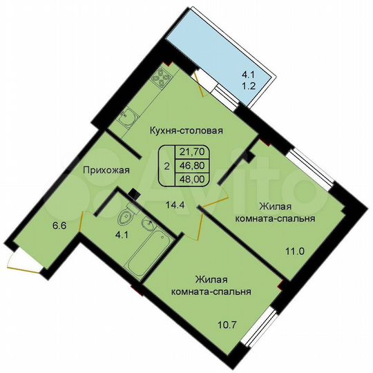 2-к. квартира, 48 м², 2/9 эт.