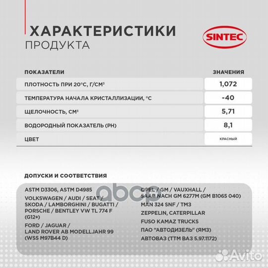 Антифриз готовый красный 10kg 614504 sintec