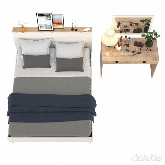 Двуспальная кровать на 1600 Муссон 11.41 с основанием и столиком с зеркалом белый/дуб эндгрейн элега