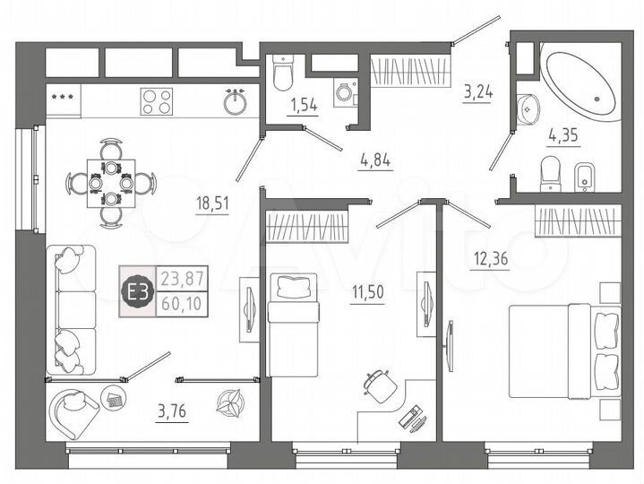 2-к. квартира, 60,1 м², 6/10 эт.