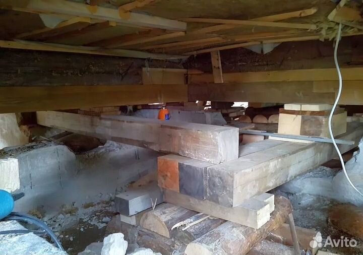 Ремонт фундамента и подъем дома заменов венцов