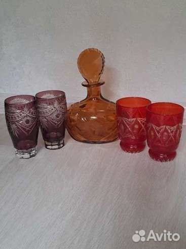 Марганцевое стекло хрусталь СССР графин и 4 бокала