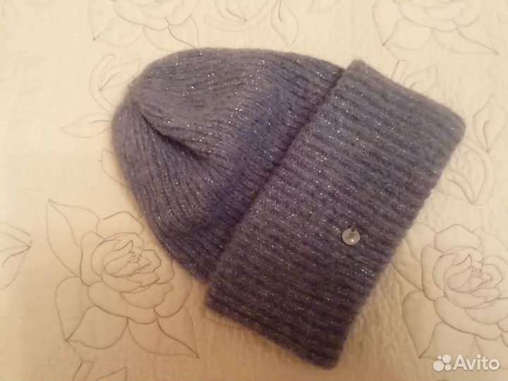 Комплект шапочка и косынка серо-синего цвета