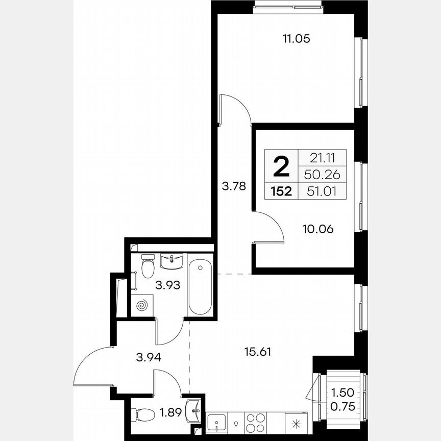 2-к. квартира, 51 м², 2/9 эт.