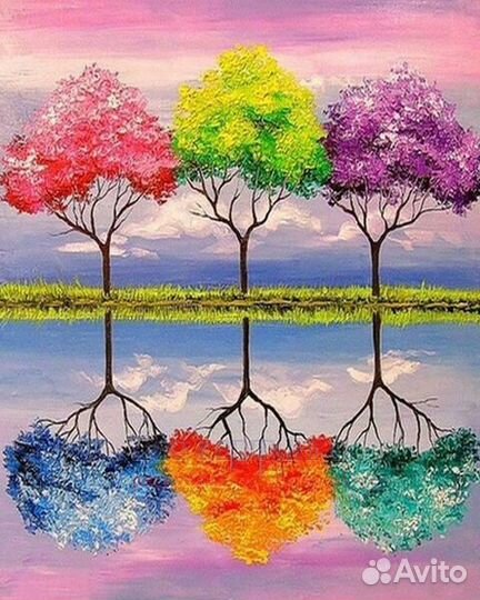 Алмазная мозаика 40x50 Три дерева разного цвета у