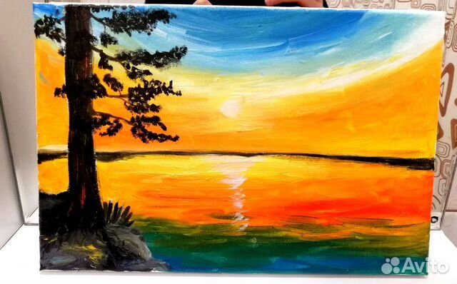 Картина маслом на холсте пейзаж: закат морской