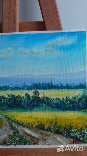 Картина пейзаж поле 21х15 маслом летний пейзаж